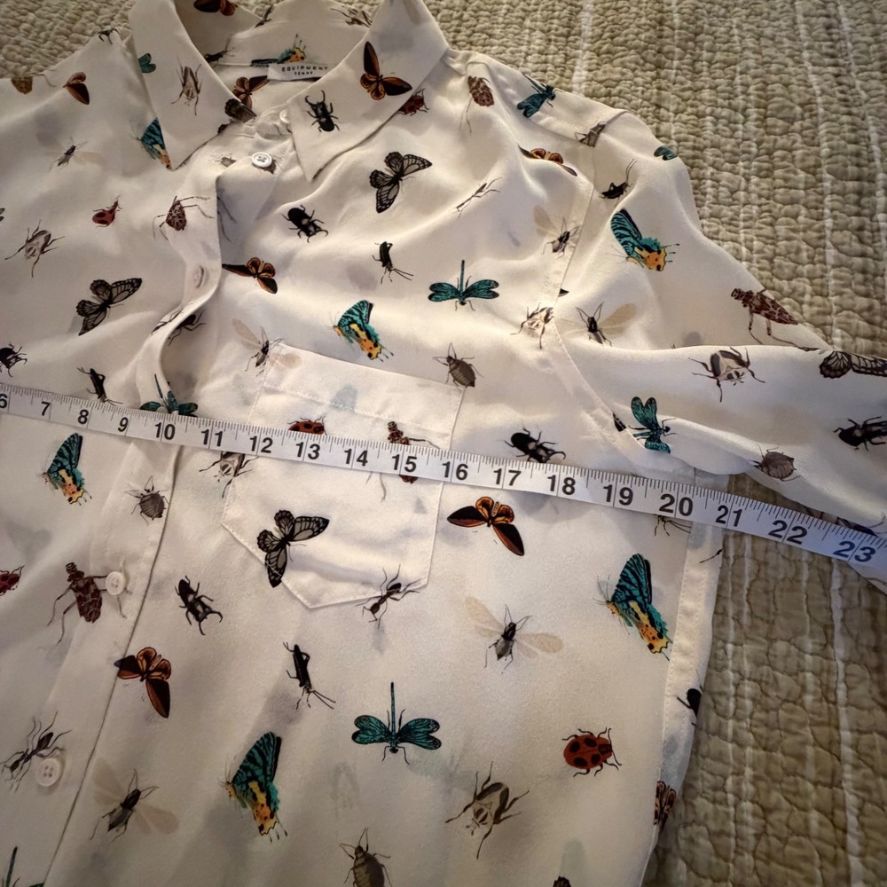 Anthropologie Silk Insect Print Button Down Shirt White Butterfly Beetle - Picture 3 of 7